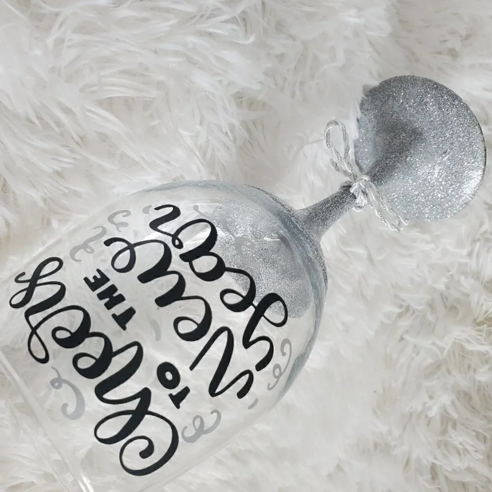 Cheers To The New Year, New Year's Silver Glittered Stemmed Wine Glass